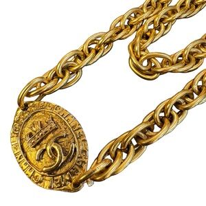 CHANEL Vintage Logo Crown Medallion Gold Tone Long Chain Necklace 45 cm
